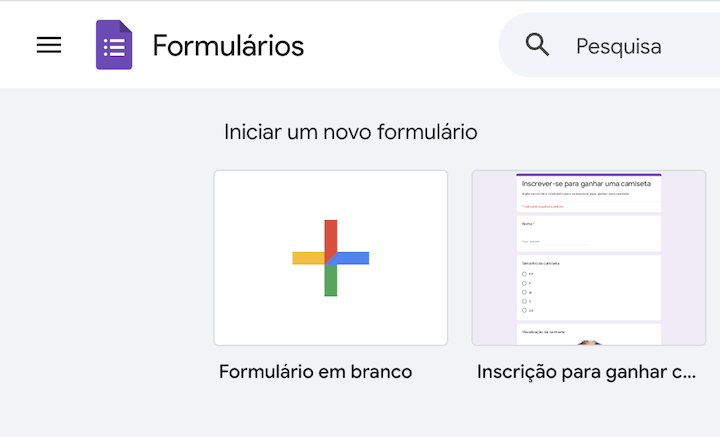 Captura de tela do botão 'Formulário em branco' sob 'Iniciar um novo formulário' do Formulários Google