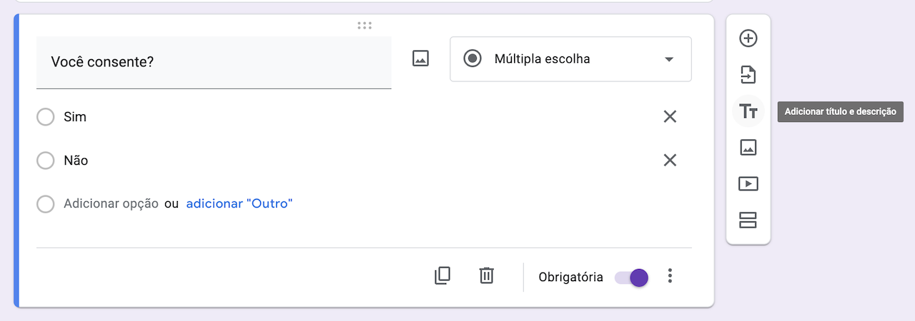 Captura de tela da barra lateral de perguntas do Formulários Google com o botão 'Adicionar título e descrição' destacado