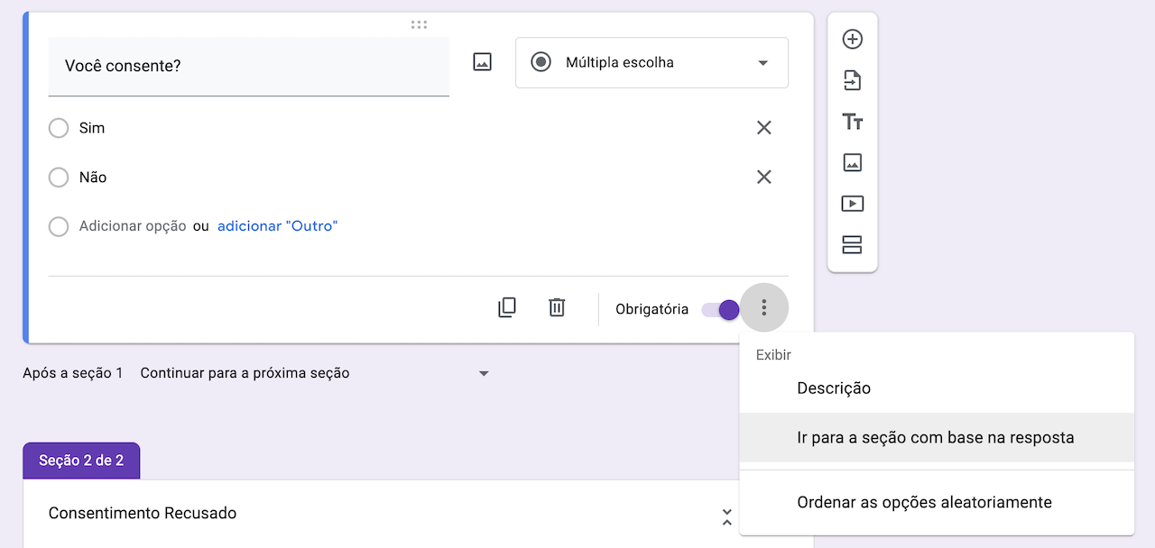 Captura de tela do menu de opções de perguntas do Formulários Google com 'Ir para a seção com base na resposta' destacado
