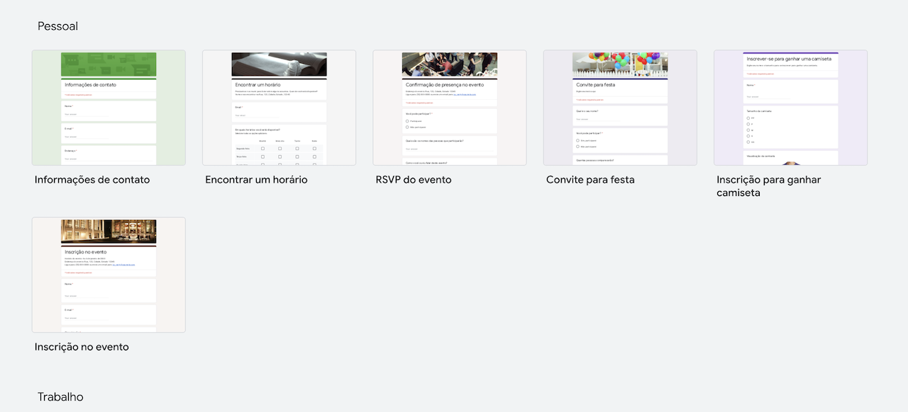 Captura de tela da galeria de modelos do Formulários Google, com várias opções de modelos incluindo o modelo de Inscrição no evento