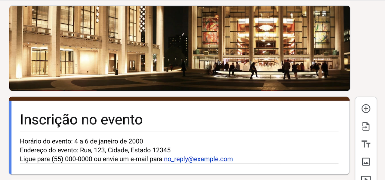 Captura de tela de um formulário do Google para inscrição no evento com o título 'Inscrição no evento' e uma descrição genérica do evento