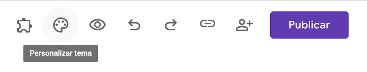 Captura de tela do menu superior de um formulário do Google, com o botão 'Personalizar tema' destacado
