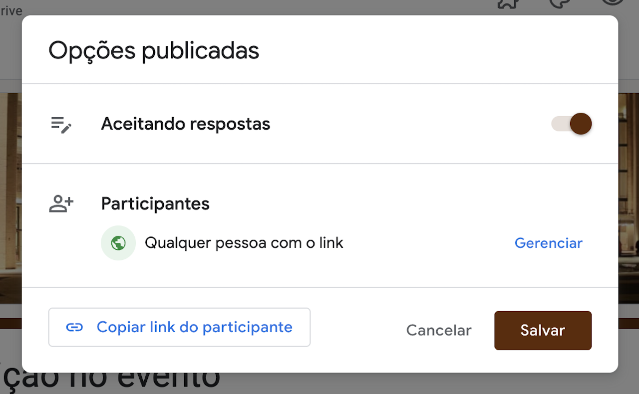Captura de tela da tela 'Opções publicadas' no Formulários Google
