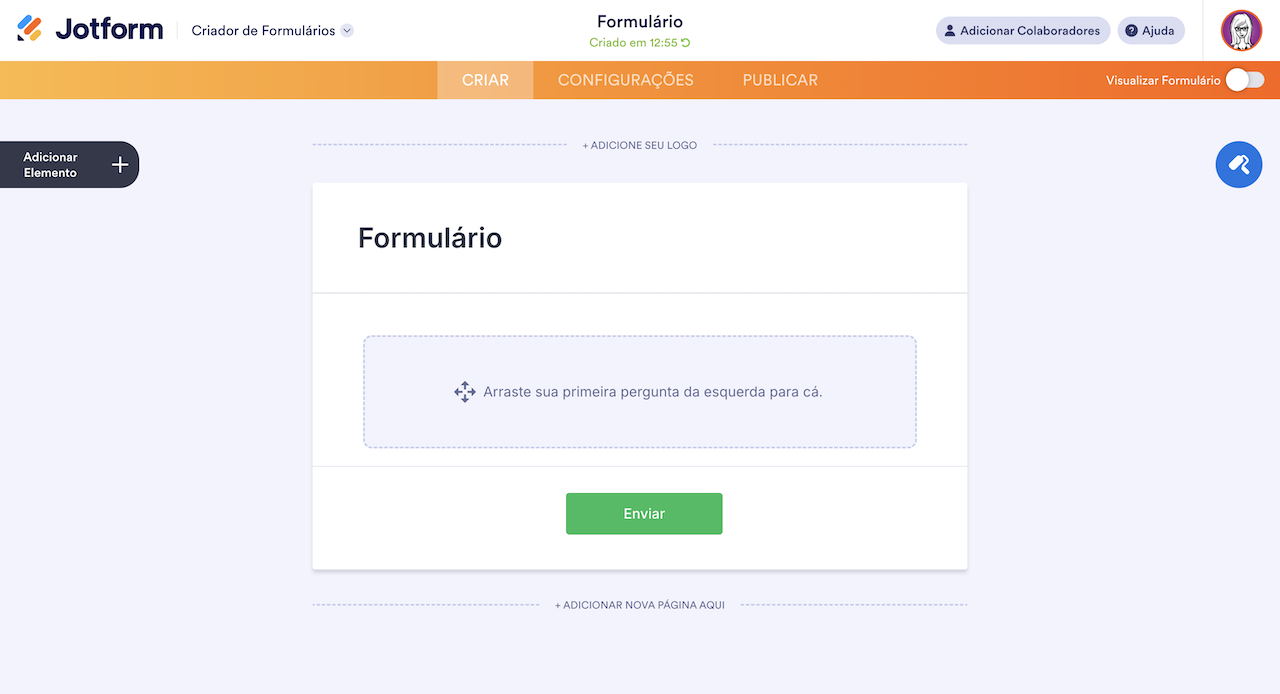 Interface do criador de formulários Jotform com um botão verde "Enviar", pronta para adicionar novas perguntas