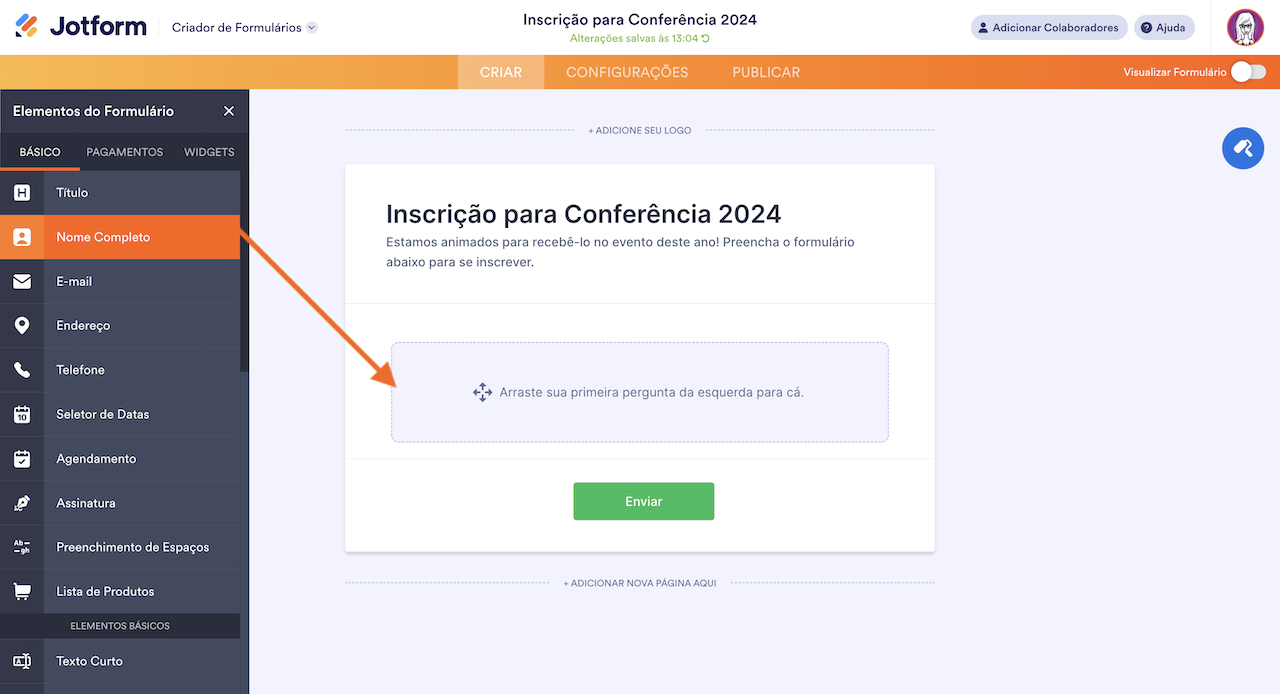 Tela do criador de formulários Jotform mostrando o título "Inscrição para Conferência 2024" e uma barra lateral com elementos de formulário para adicionar