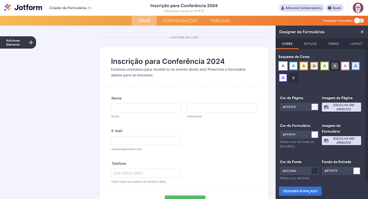 Formulário "Inscrição para Conferência 2024" no criador Jotform com uma barra lateral mostrando opções de customização de cor e design