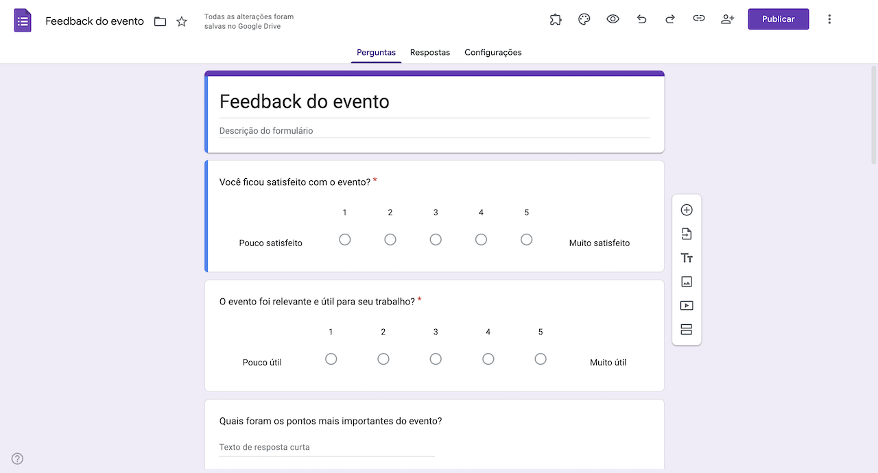 Tipos de perguntas em um formulário de Feedback do evento no Formulários Google