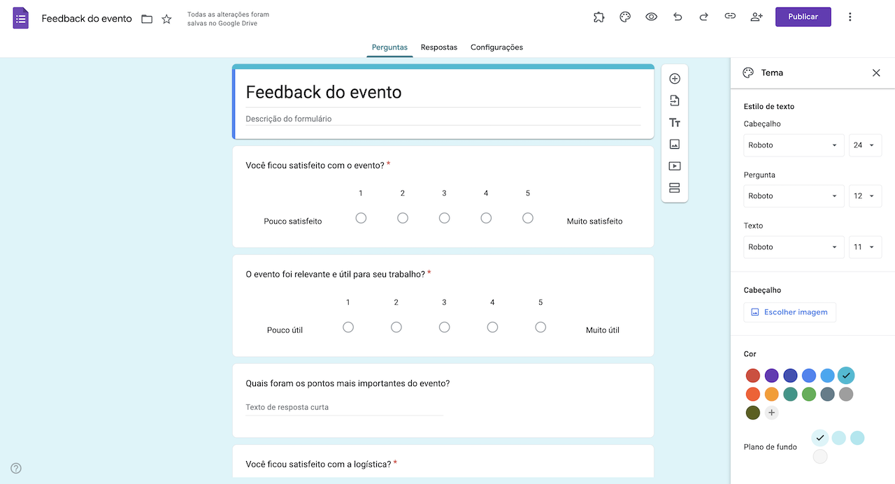 Barra lateral de opções de Tema no formulário de Feedback do evento