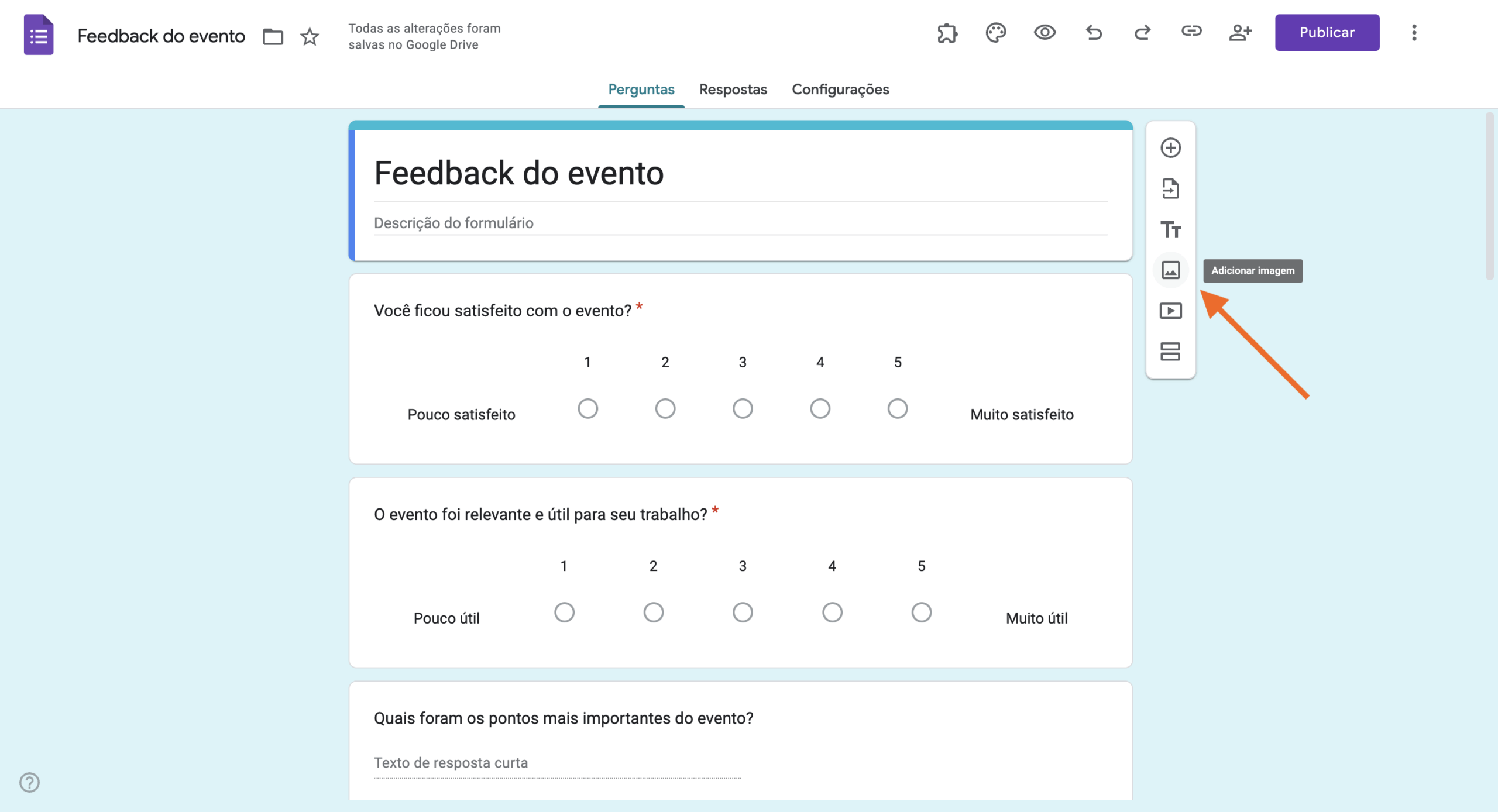 Clicando no ícone "Adicionar imagem" no formulário de Feedback do evento