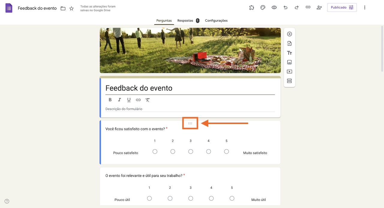 Formulário de feedback do evento online com uma imagem de cabeçalho de um piquenique e perguntas exibidas em escala de avaliação