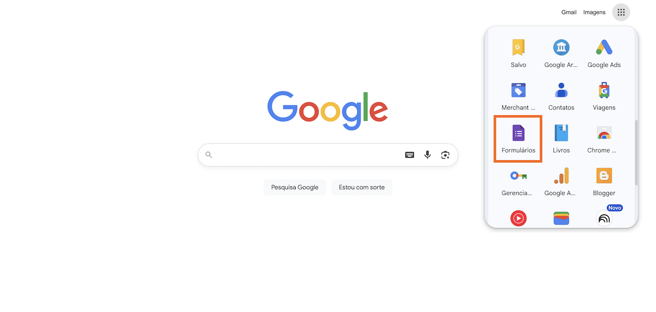 Clicando no ícone do Formulários Google na página inicial do Google