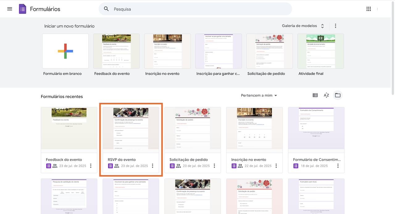Clicando no formulário de RSVP do evento nos formulários recentes