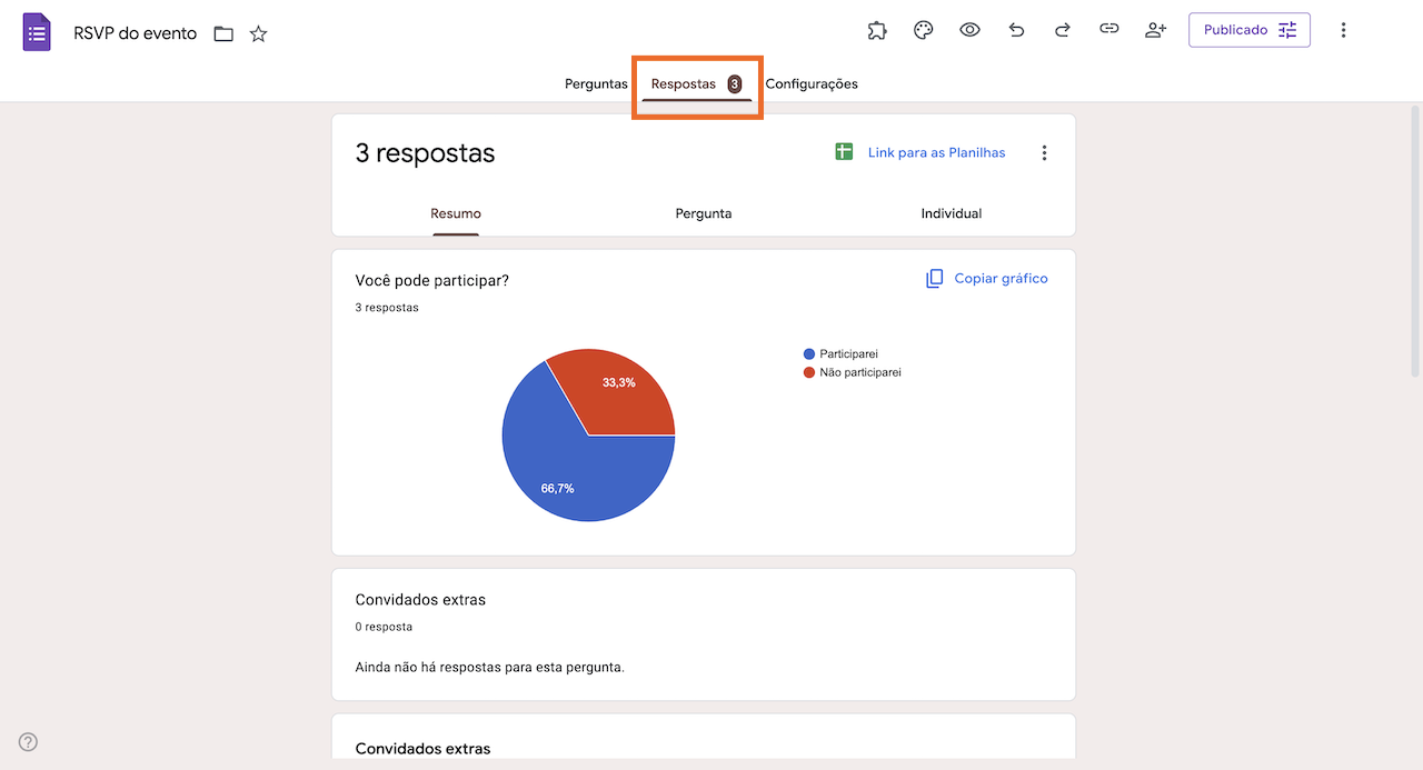 Clicando na aba Respostas no formulário de RSVP