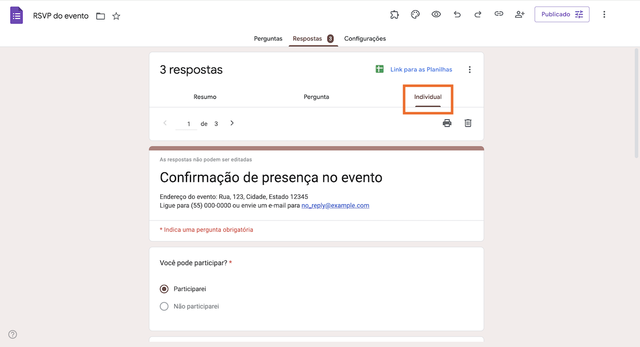 Clicando na aba Individual sob Respostas