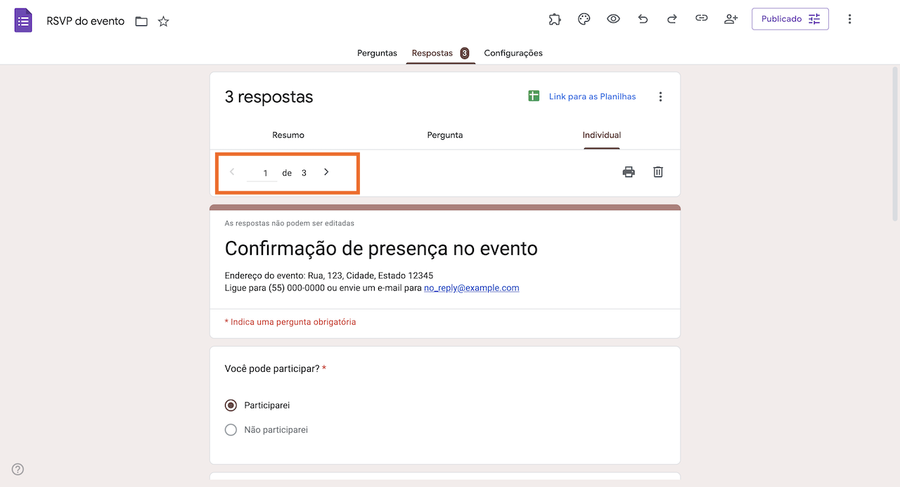 Clicando nos botões de seta para navegar pelas respostas
