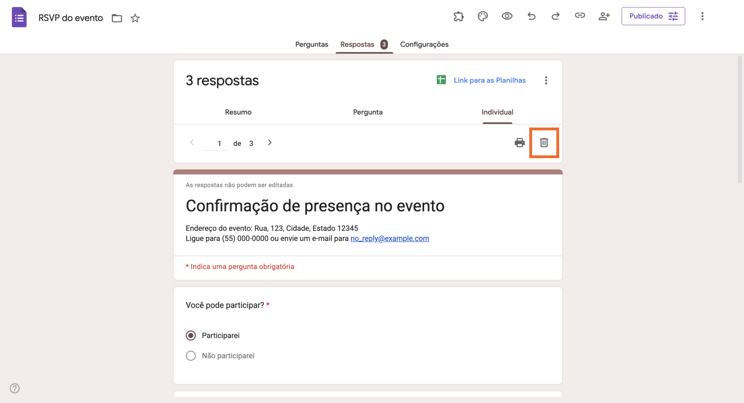 Clicando no ícone de Lixeira para excluir uma resposta