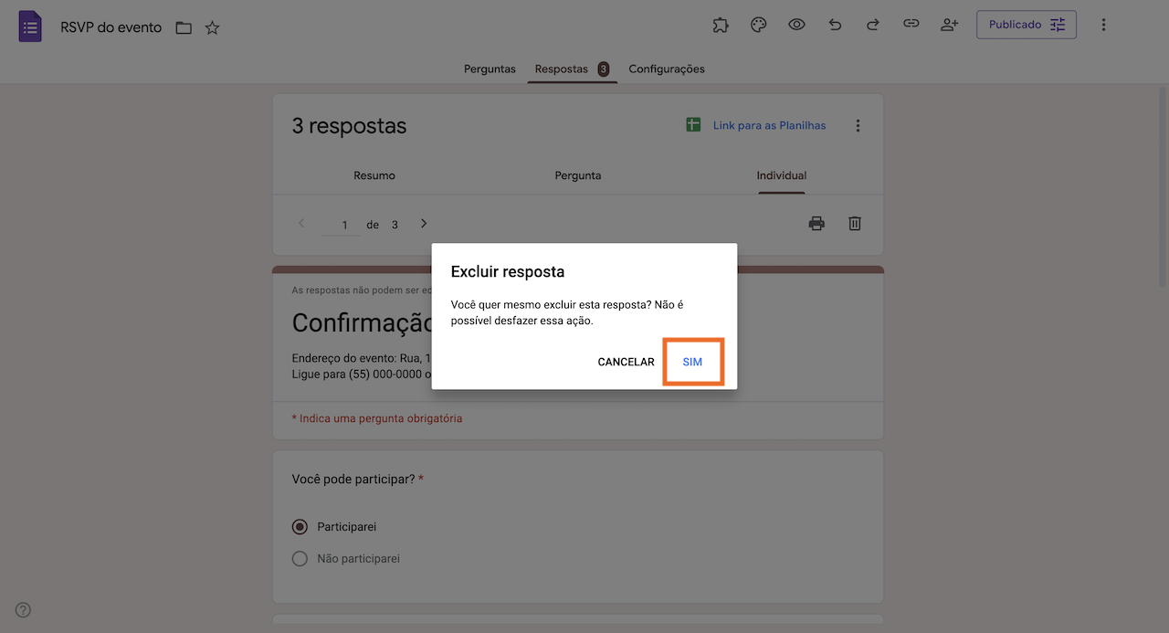 Clicando no botão "Sim" na aba Excluir resposta
