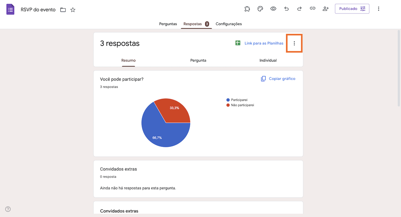 Clicando nos pontos verticais no canto superior direito da aba Respostas