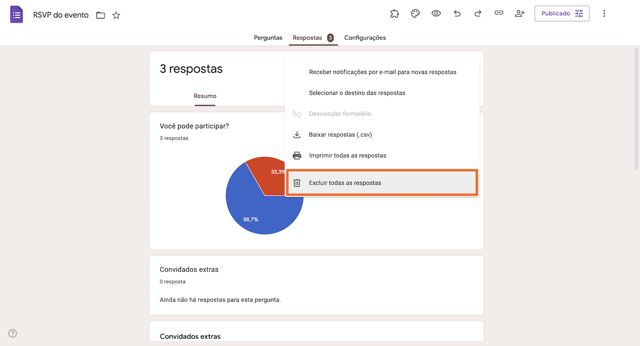 Clicando na opção Excluir todas as respostas no menu Mais