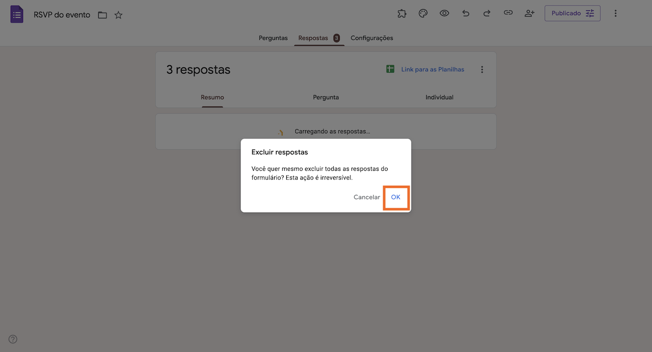 Clicando no botão OK para excluir todas as respostas
