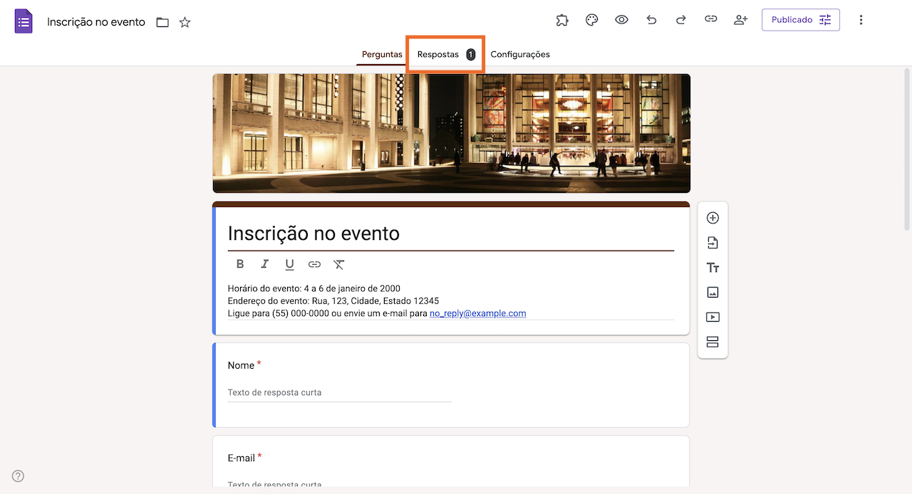 Captura de tela de um formulário do Google com uma seta apontando para a guia "Respostas" no menu superior