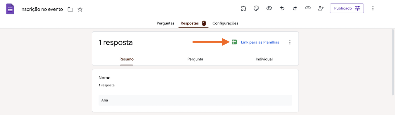 Captura de tela de um formulário do Google com uma seta apontando para o botão "Link para as Planilhas" na guia "Respostas"