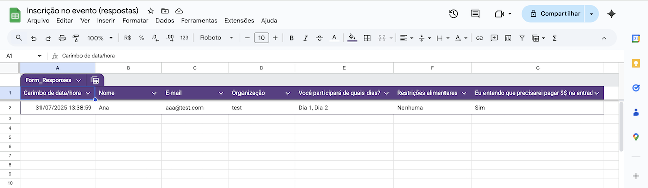 Captura de tela de uma planilha do Google