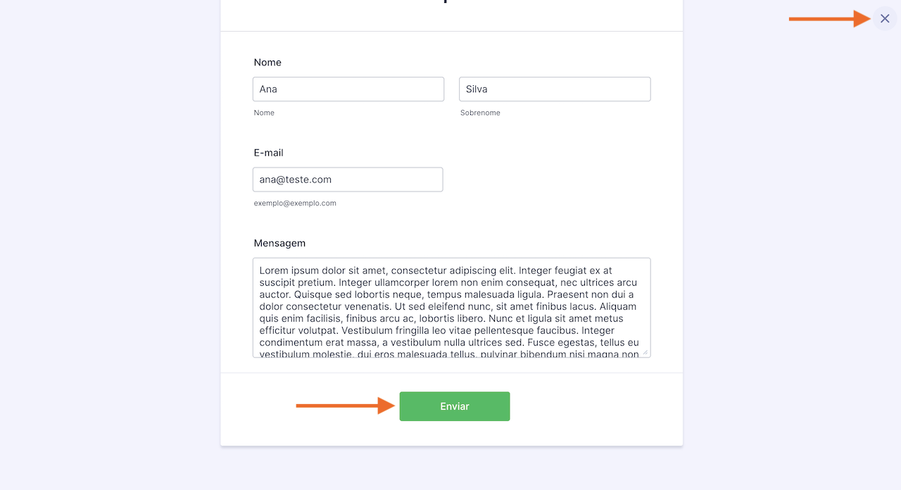 Captura de tela de um formulário do Jotform que está sendo atualizado com uma seta apontando para o botão "Enviar" e o botão "X" para cancelar