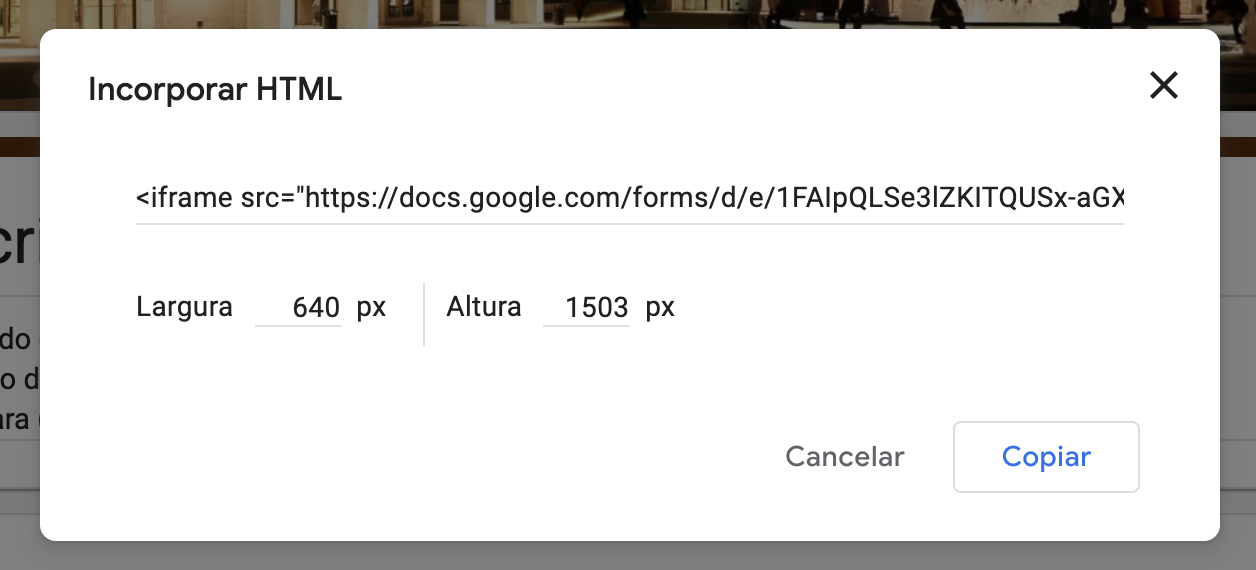 Janela exibida ao clicar na opção "Incorporar HTML"