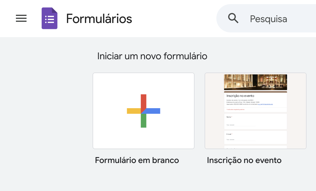 Captura de tela da seleção de formulário em branco do Formulários Google