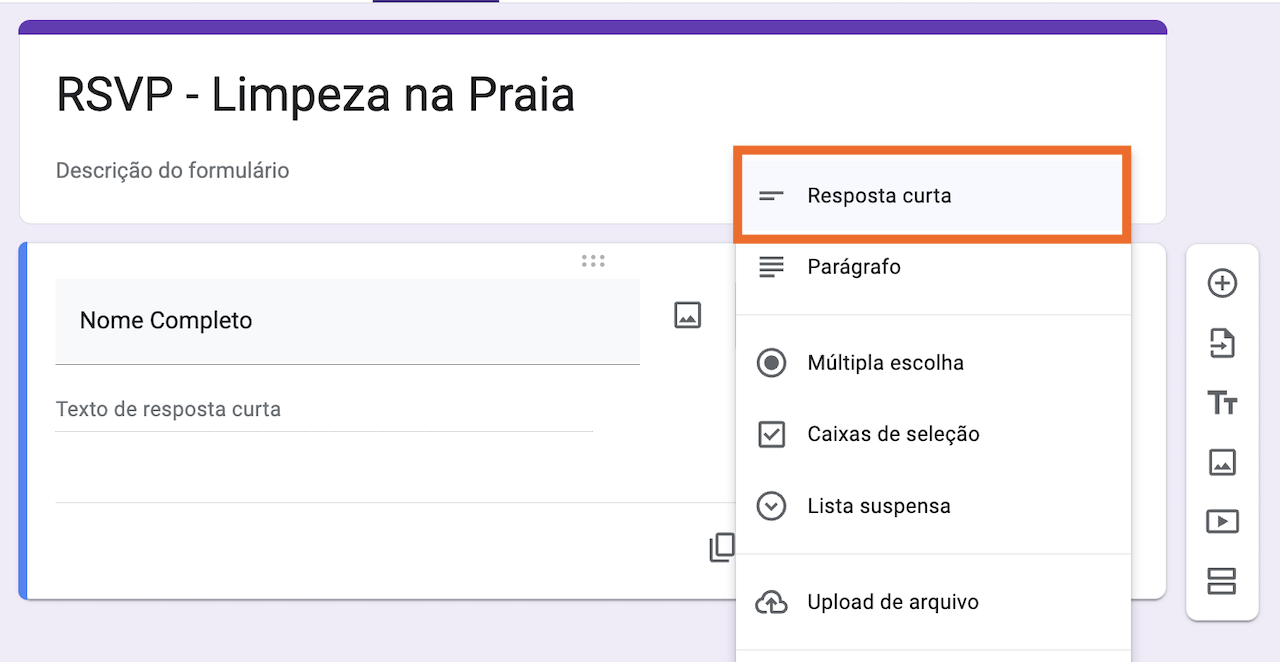 Captura de tela do Formulários Google em seu criador, com uma caixa ao redor da opção Resposta curta