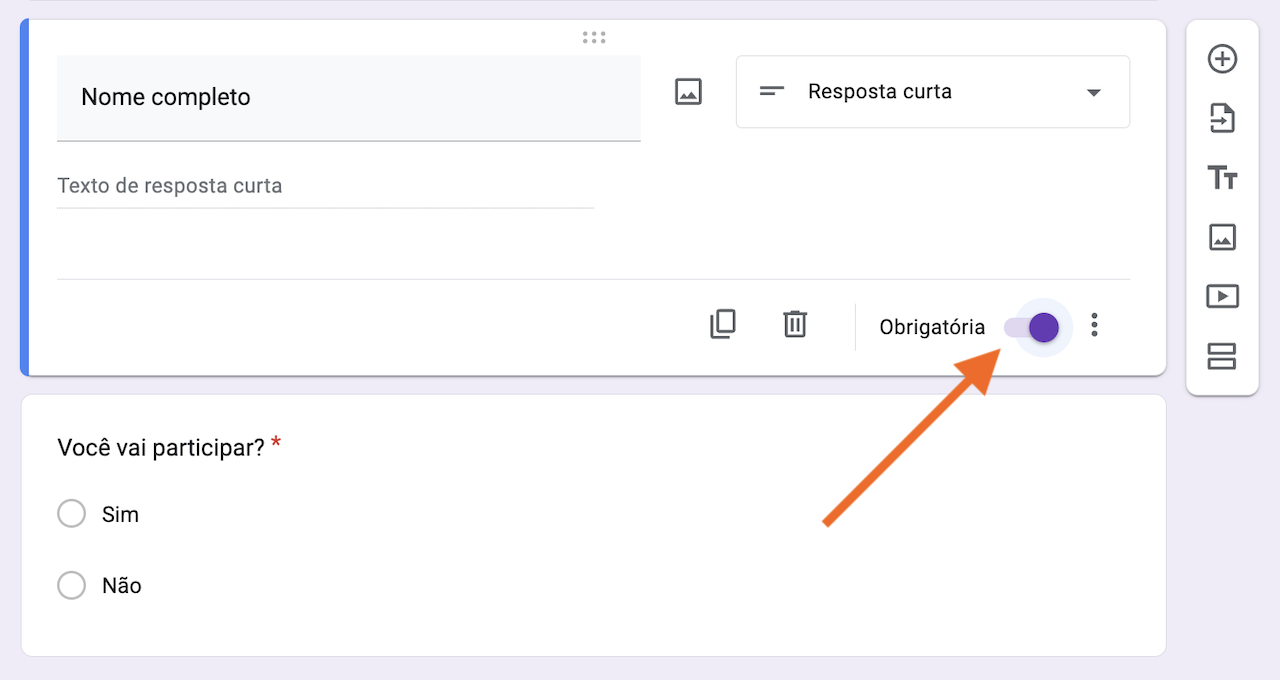 Captura de tela do criador do Formulários Google com uma seta apontando para o botão de alternância Obrigatória no canto inferior direito da pergunta