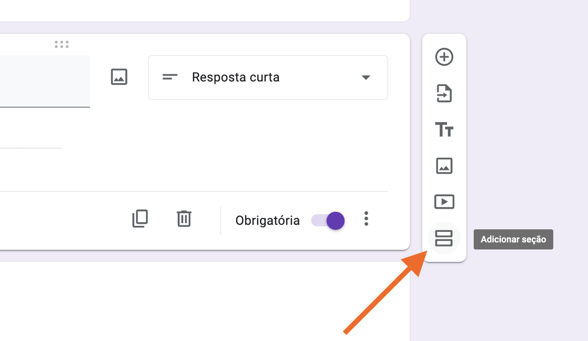 Captura de tela do criador do Formulários Google, com uma seta apontando para a opção Adicionar seção à direita da pergunta