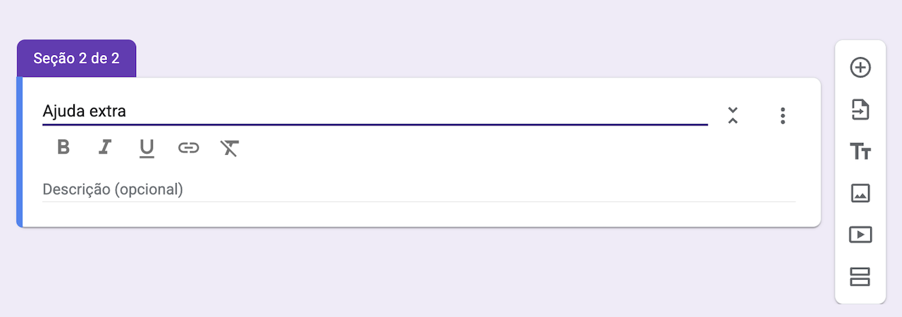 Uma interface mostrando um formulário com várias seções