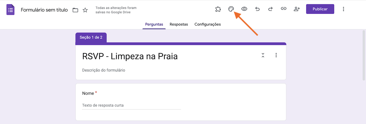 Captura de tela de um formulário do Google com uma solicitação de RSVP e opções para visualizar, desfazer e enviar o formulário