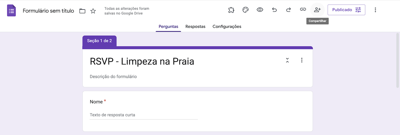 Captura de tela de um formulário do Google mostrando uma solicitação de RSVP e destacando a opção Compartilhar