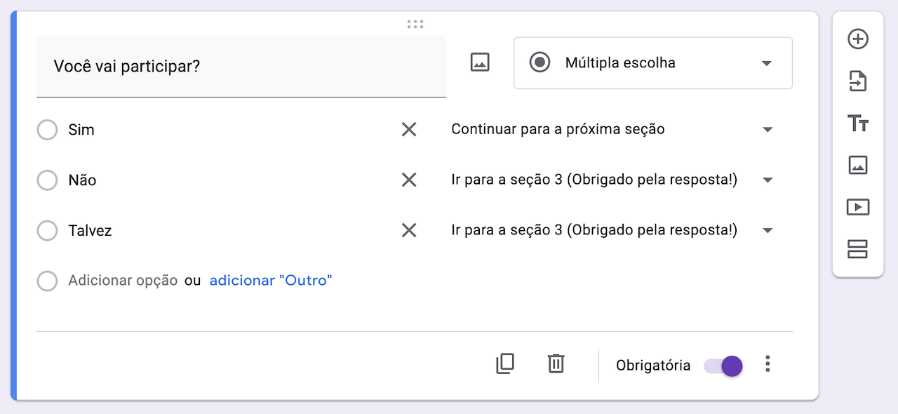 Uma interface mostrando um formulário com várias seções
