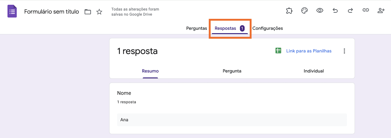 Captura de tela de um formulário RSVP no Formulários Google, com uma caixa ao redor da aba "Respostas