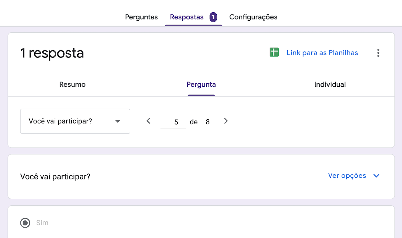 Captura de tela de um formulário RSVP no Formulários Google