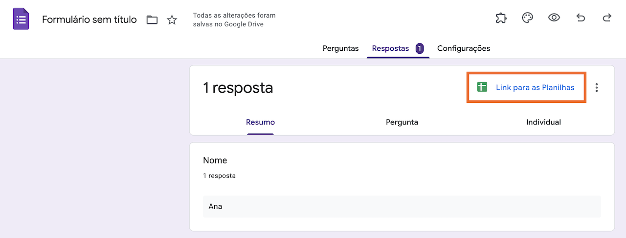 Captura de tela de um formulário RSVP no Formulários Google, com uma caixa ao redor da seleção "Link para as Planilhas