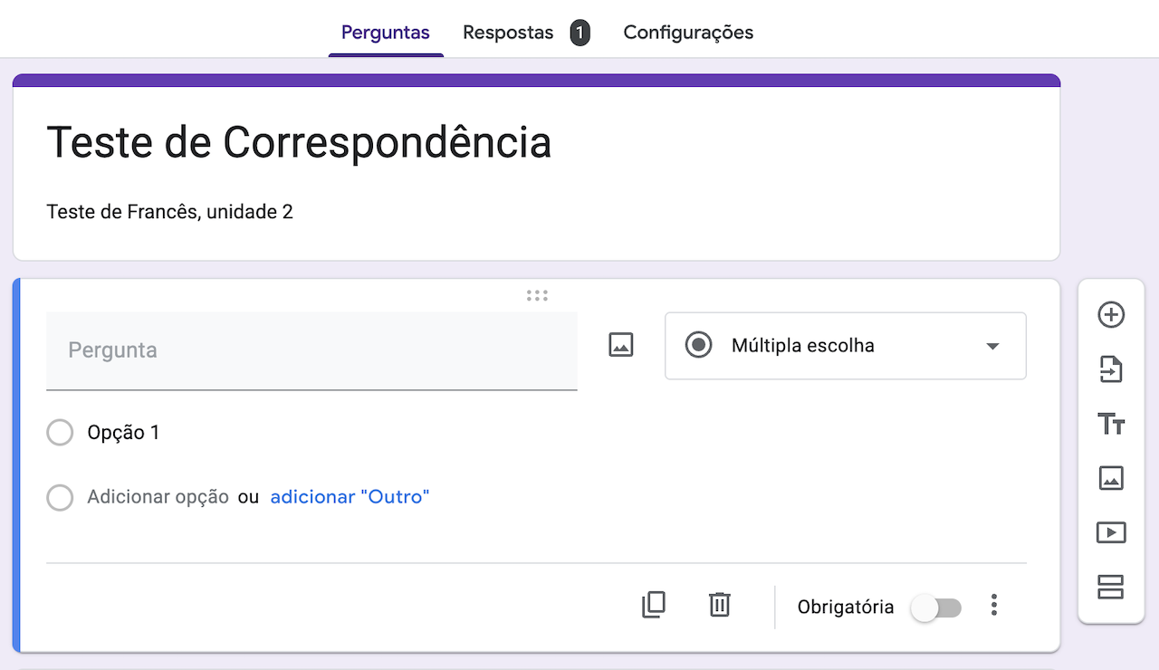 Captura de tela de um formulário do Google intitulado "Teste de Correspondência" com uma pergunta de múltipla escolha sem título