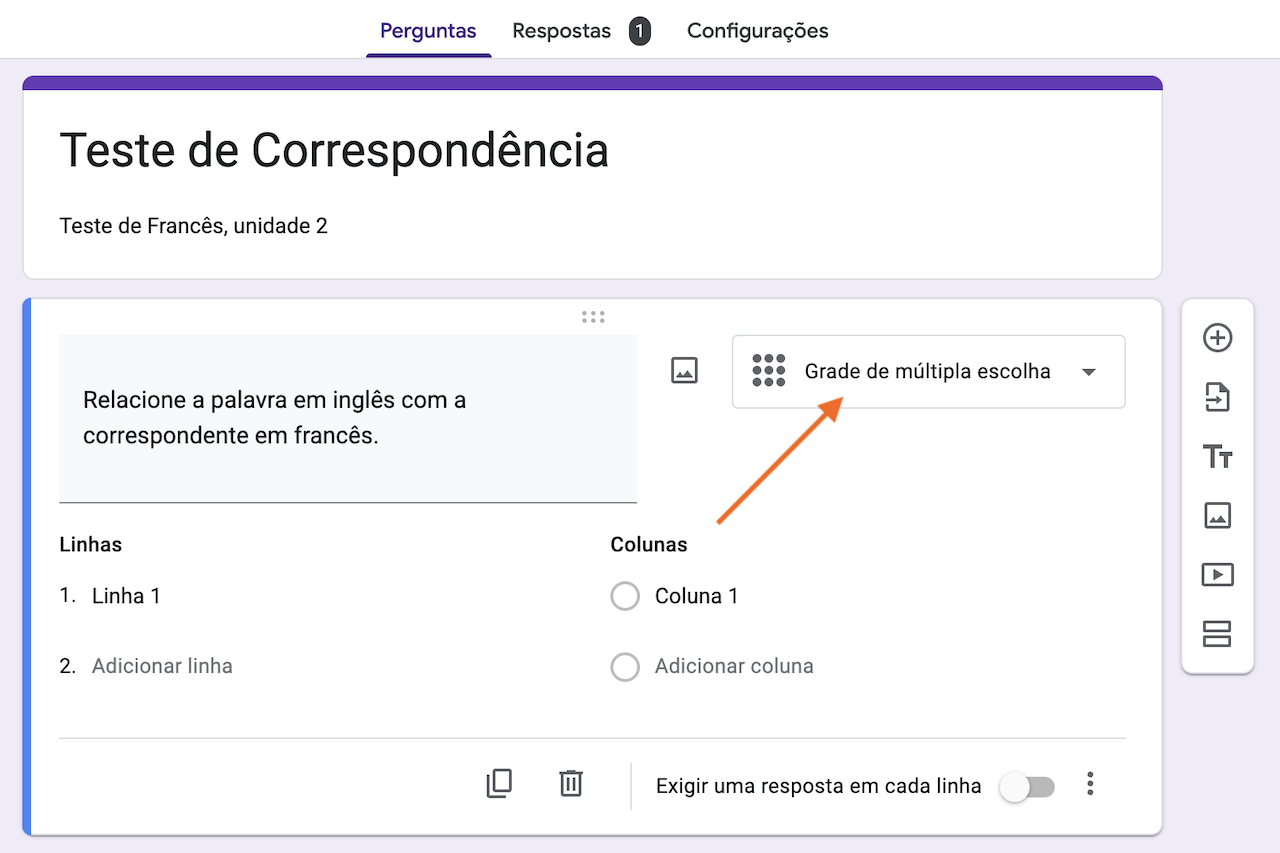 Captura de tela do mesmo formulário do Google com uma seta apontando para "Grade de múltipla escolha"