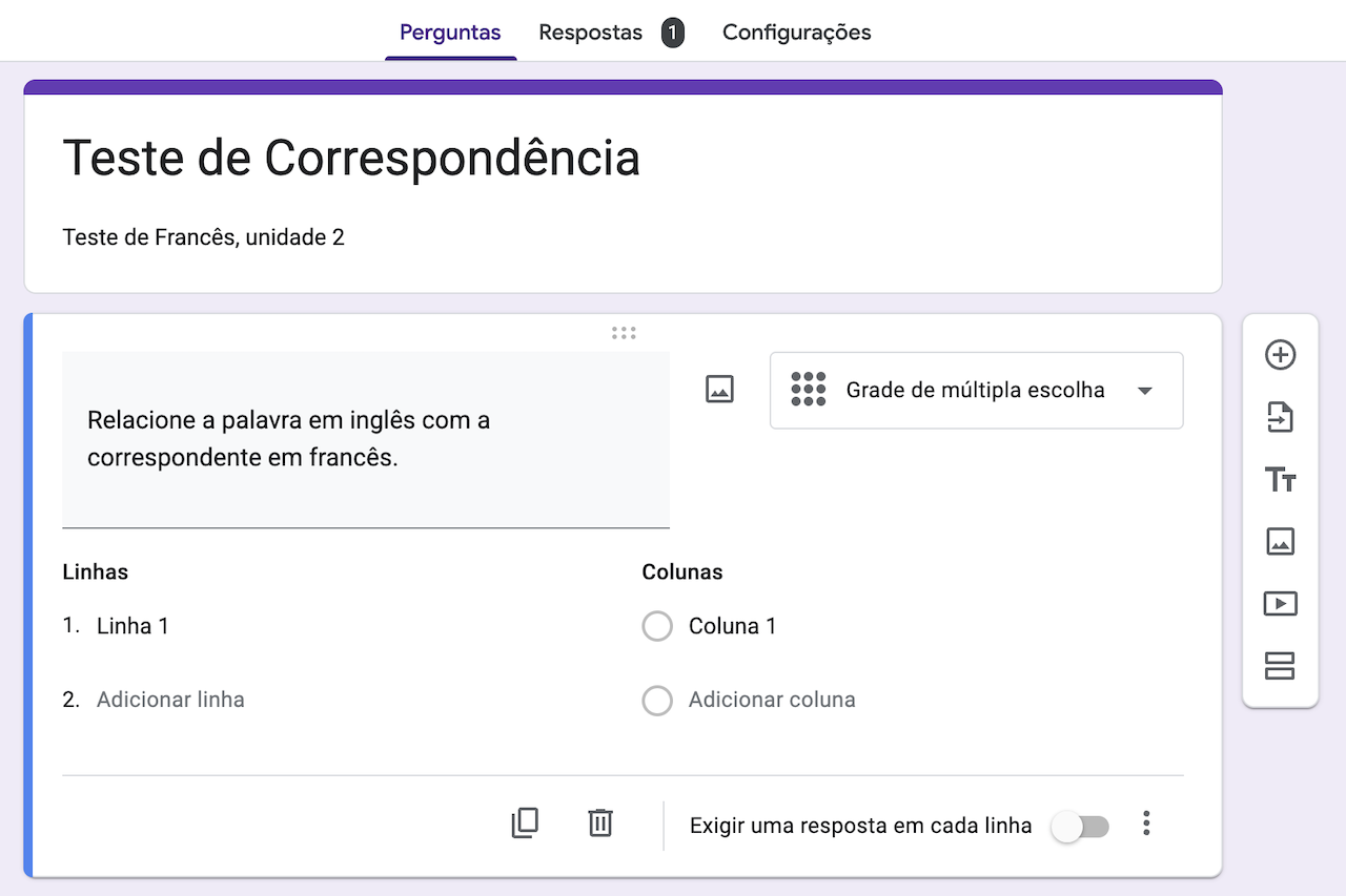Captura de tela do mesmo formulário do Google com a pergunta "Relacione a palavra em inglês com a correspondente em francês