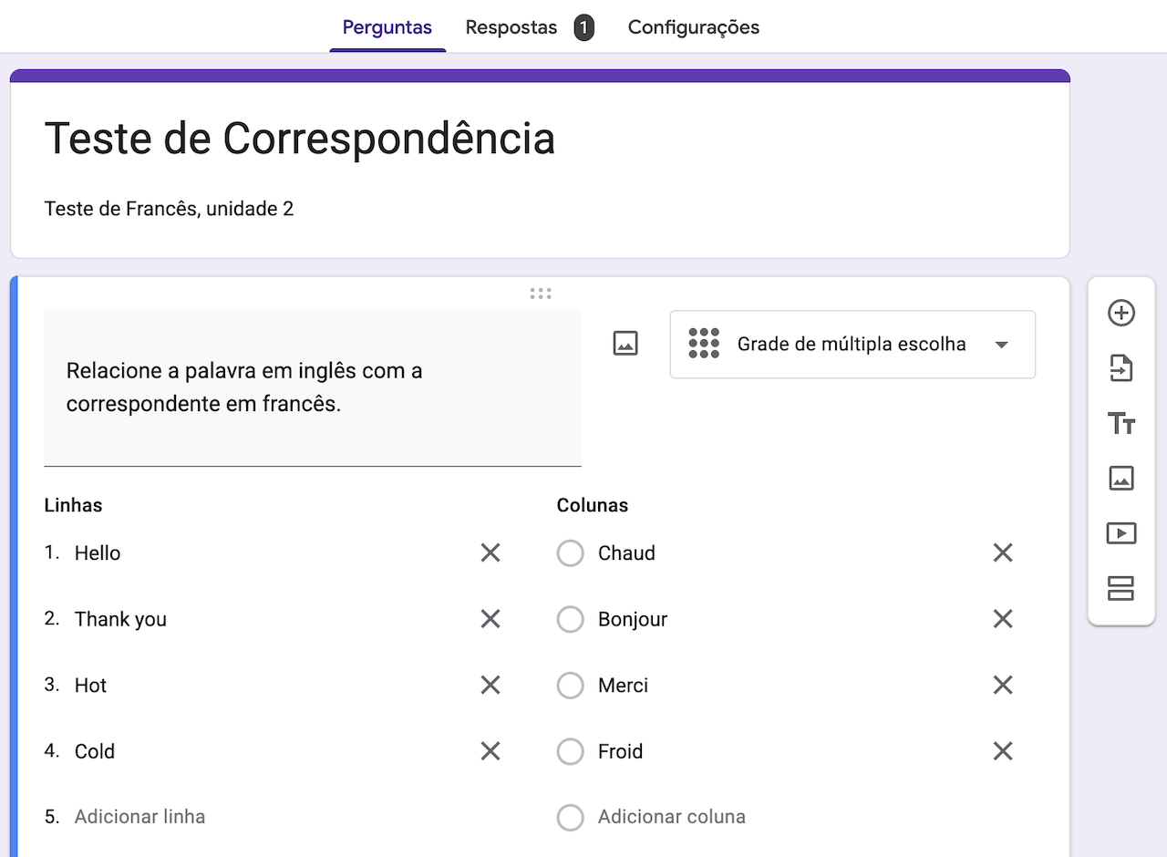 Captura de tela de uma pergunta completa de correspondência no mesmo formulário do Google