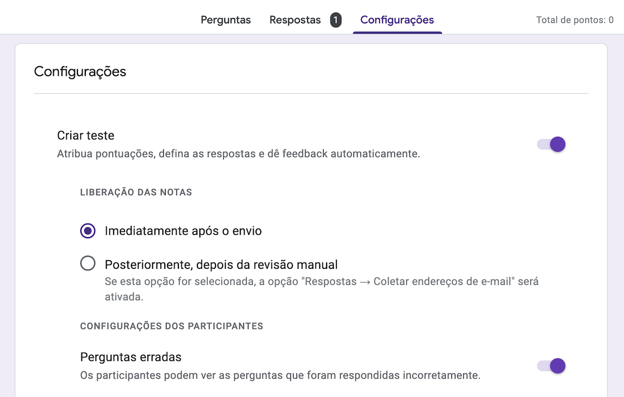 Captura de tela das configurações do mesmo formulário do Google com a opção "Criar teste" selecionada