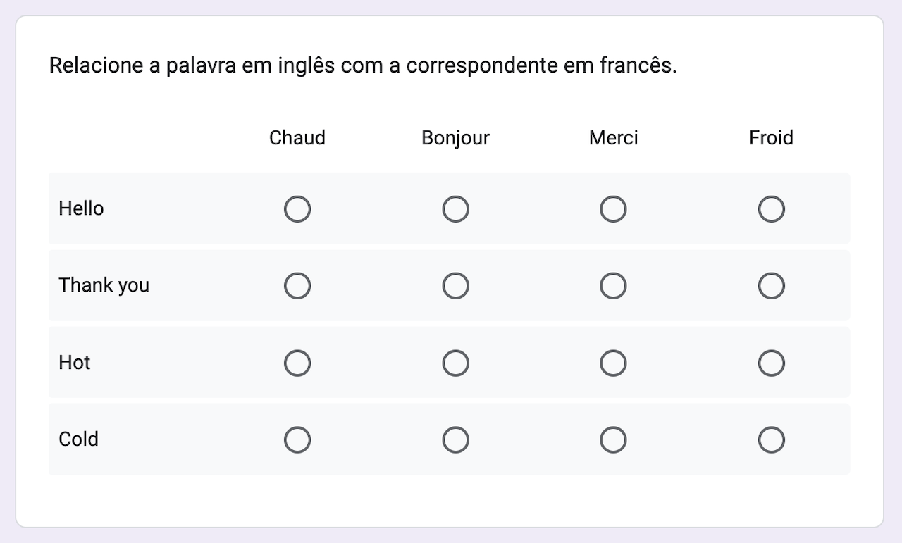 Captura de tela do teste de correspondência completo no Formulários Google pelo lado do usuário