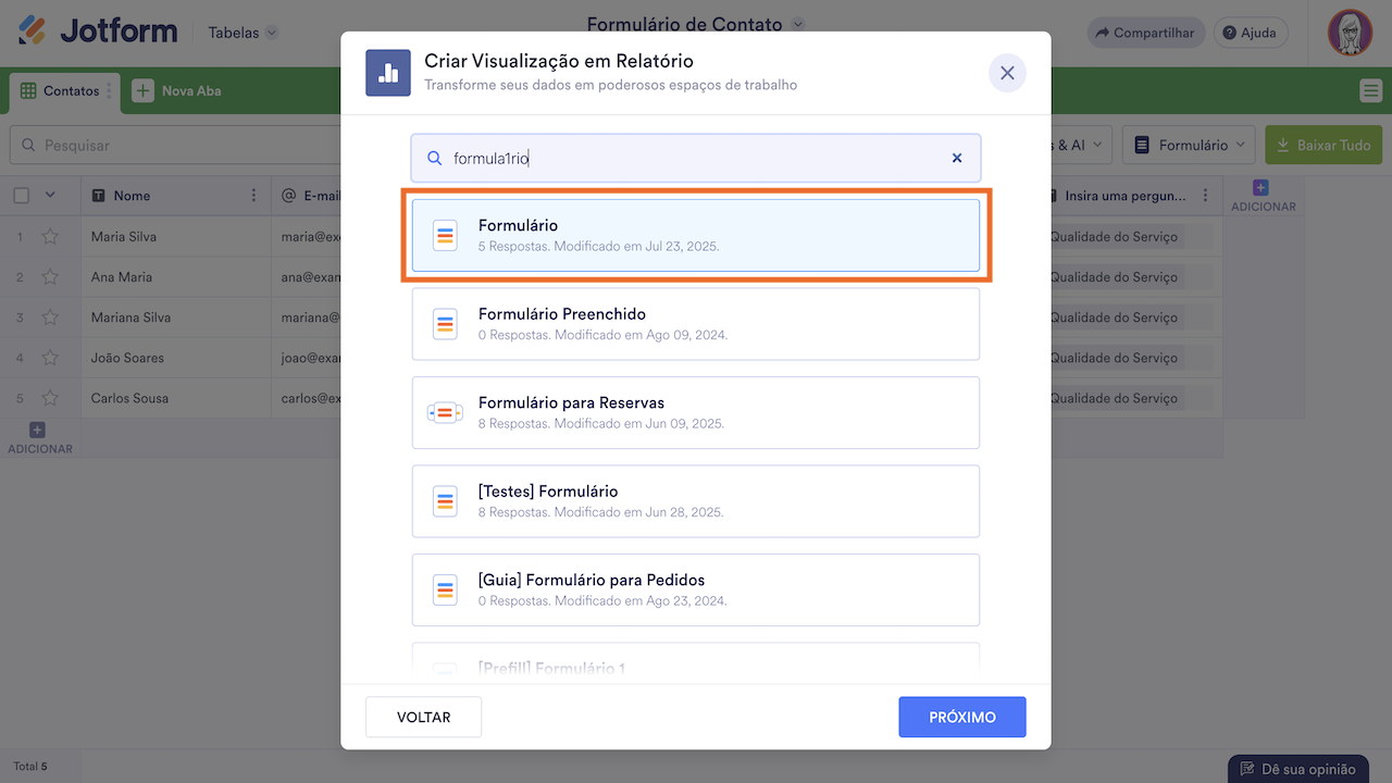 Escolhendo formulário e clicando em Próximo na janela Criar Visualização em Relatório