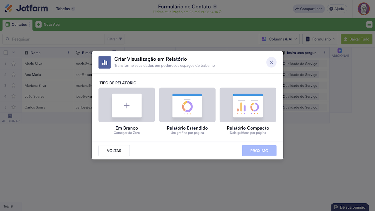 Escolhendo Tipo de Relatório na janela Criar Visualização em Relatório