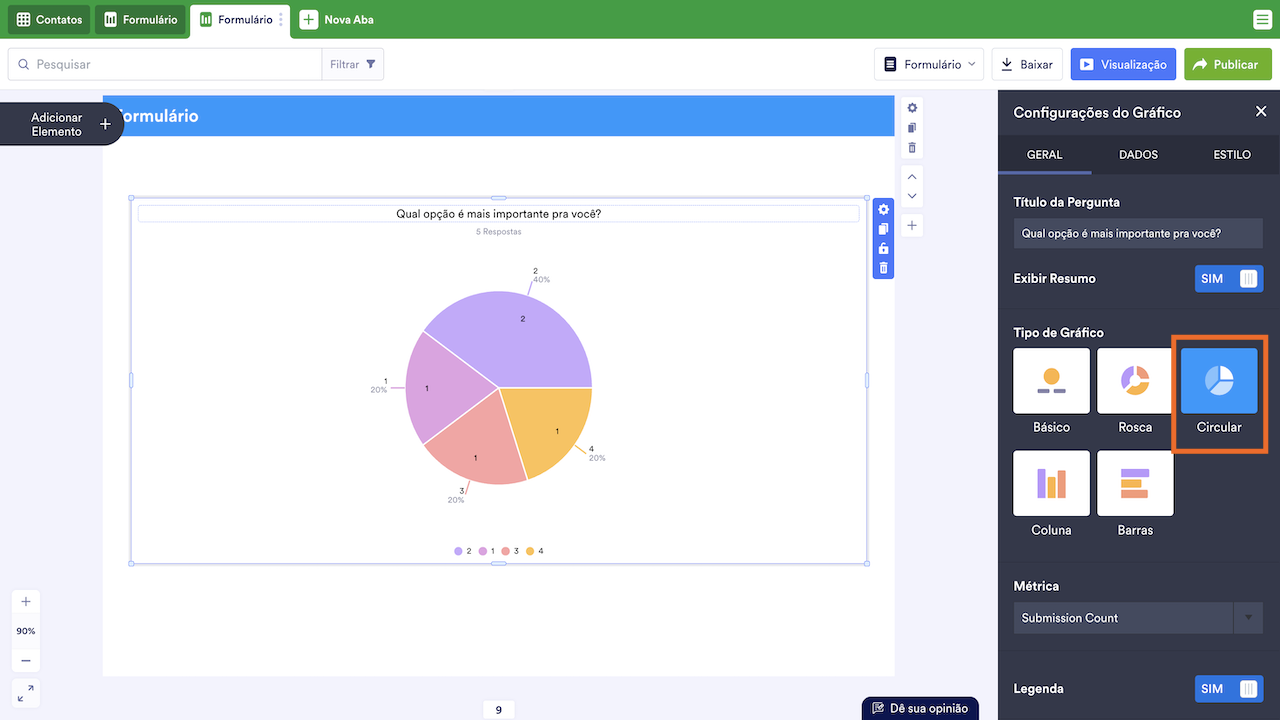 Selecionando Gráfico de Pizza como Tipo de Gráfico nas Configurações do Gráfico