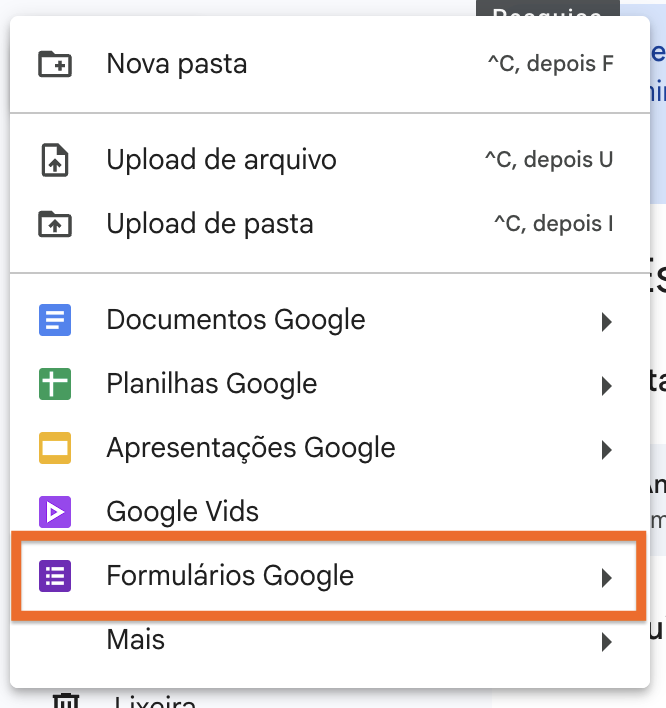 Nova janela no Google Drive clicando em Formulários Google